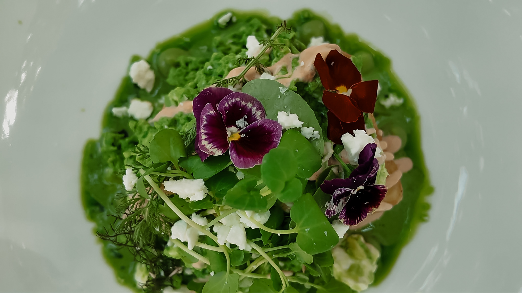 Ein Gericht verziert mit essbaren Blumen als Topping.